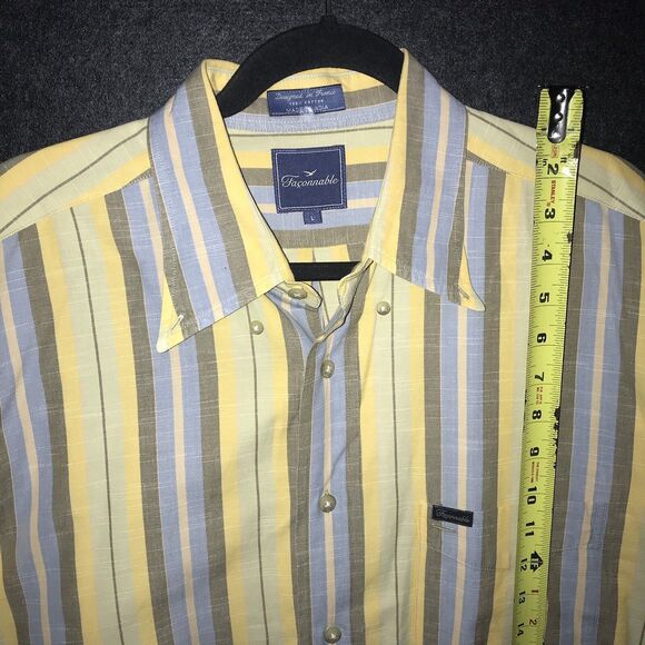 Faconnable Men's Casual Shirt Large Stripe Yellow Blue Grey Button Short Sleeve - Picture 10 of 11